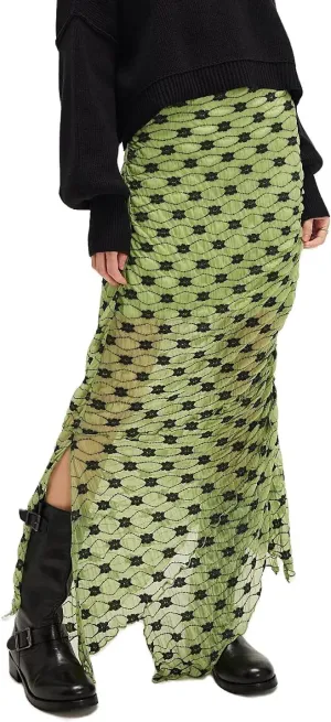 Women Fairy Floral Mesh Maxi Skirt Elastic Mid Waist Asymmetrical Ruffle Hem Long Skirt Bodycon Ruched Boho Skirts
