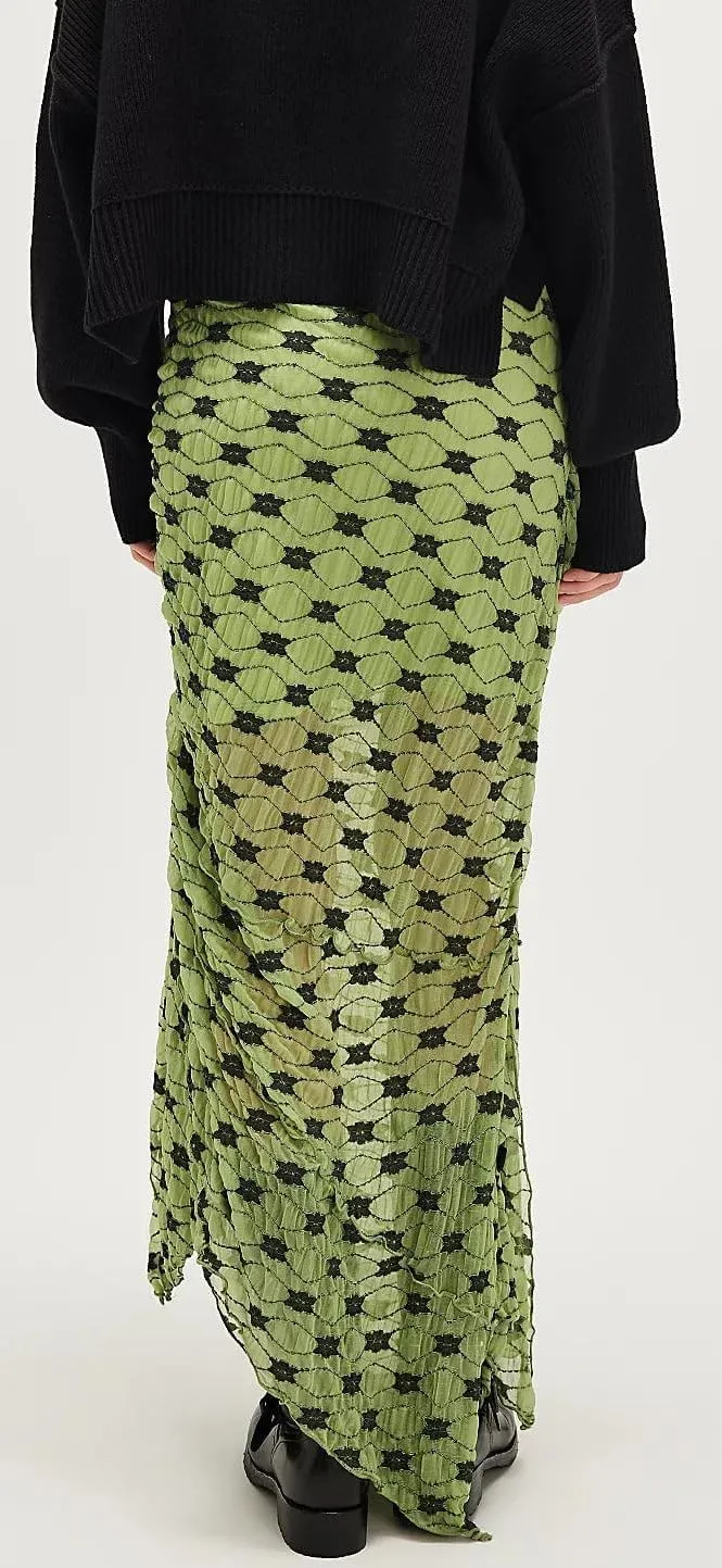 Women Fairy Floral Mesh Maxi Skirt Elastic Mid Waist Asymmetrical Ruffle Hem Long Skirt Bodycon Ruched Boho Skirts