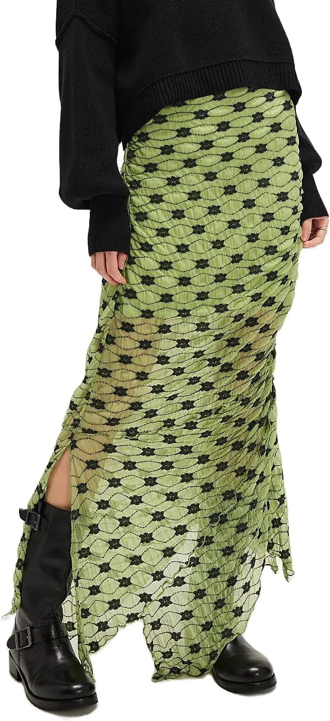 Women Fairy Floral Mesh Maxi Skirt Elastic Mid Waist Asymmetrical Ruffle Hem Long Skirt Bodycon Ruched Boho Skirts