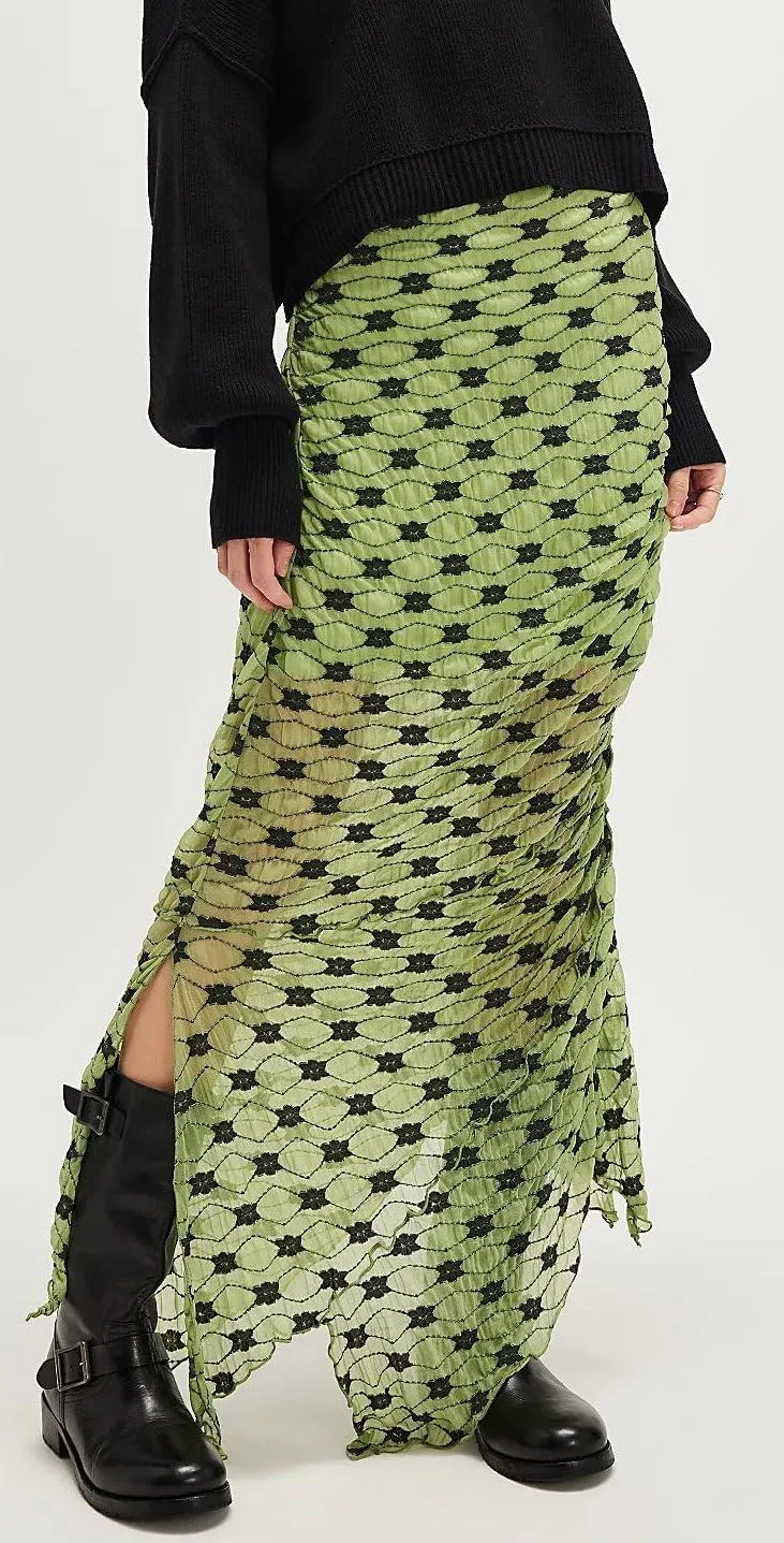 Women Fairy Floral Mesh Maxi Skirt Elastic Mid Waist Asymmetrical Ruffle Hem Long Skirt Bodycon Ruched Boho Skirts