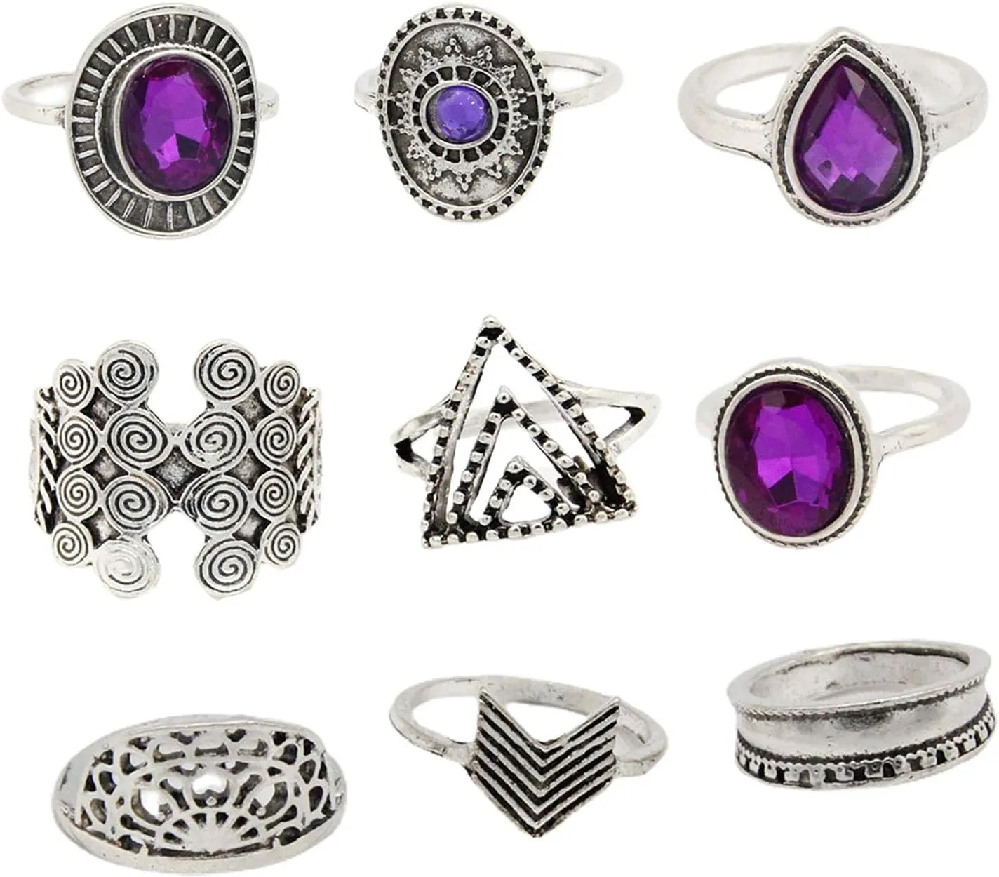 Women Fashion Ring Jewelry Wedding Rings,9Pcs/Set Water Drop Stackable Knuckle Rings Alloy Bohemia Purples Faux Gem Finger Rings Jewelry Accessory