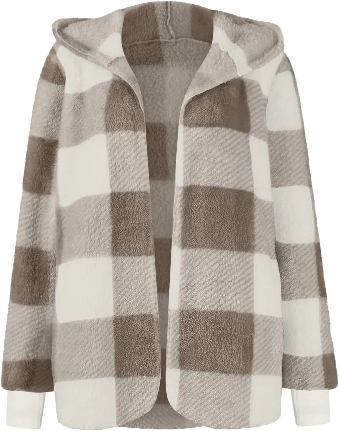Women Fleece Jacket Fall Plaid Sherpa Jacket Open Front Flannel Hooded Cardigan Teddy Bear Coat with Pocket Outerwear