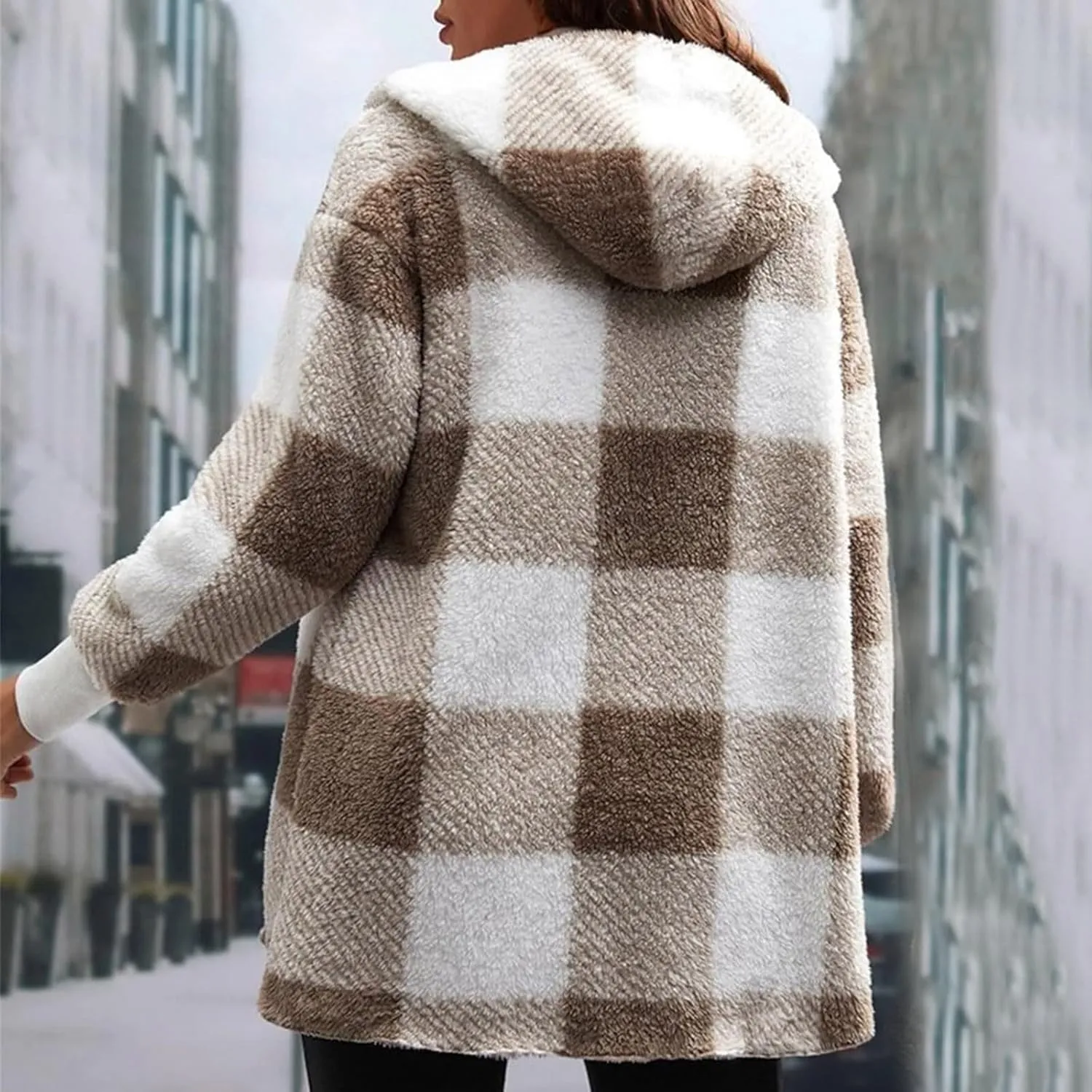 Women Fleece Jacket Fall Plaid Sherpa Jacket Open Front Flannel Hooded Cardigan Teddy Bear Coat with Pocket Outerwear