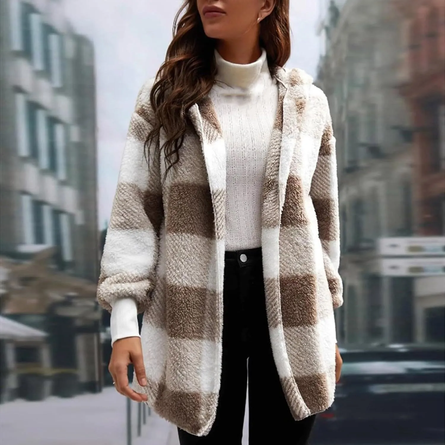 Women Fleece Jacket Fall Plaid Sherpa Jacket Open Front Flannel Hooded Cardigan Teddy Bear Coat with Pocket Outerwear