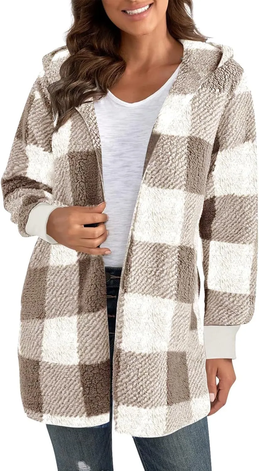 Women Fleece Jacket Fall Plaid Sherpa Jacket Open Front Flannel Hooded Cardigan Teddy Bear Coat with Pocket Outerwear