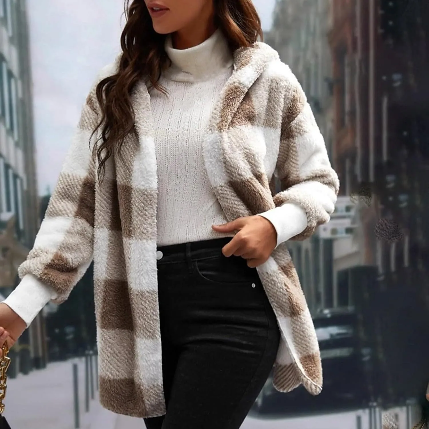 Women Fleece Jacket Fall Plaid Sherpa Jacket Open Front Flannel Hooded Cardigan Teddy Bear Coat with Pocket Outerwear