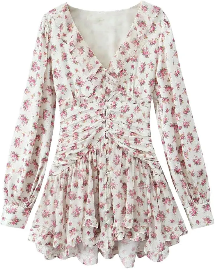Women Floral Print Puff Sleeve Asymmetrical Mini Dress with Open Buttons and Ruffle Hem