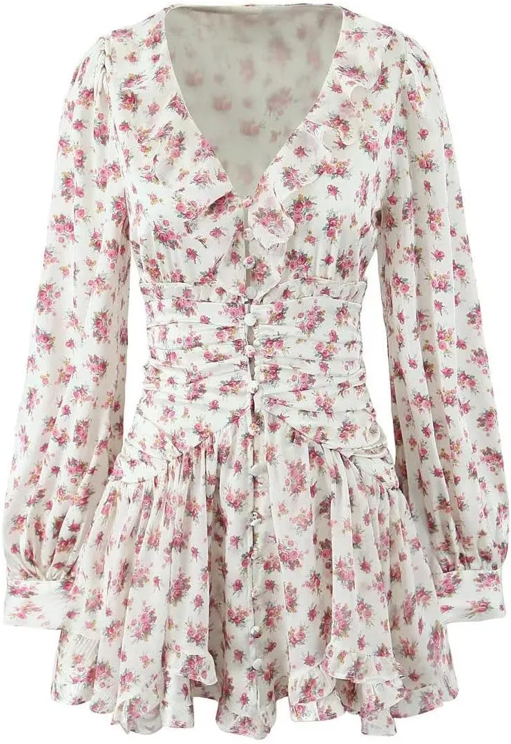 Women Floral Print Puff Sleeve Asymmetrical Mini Dress with Open Buttons and Ruffle Hem