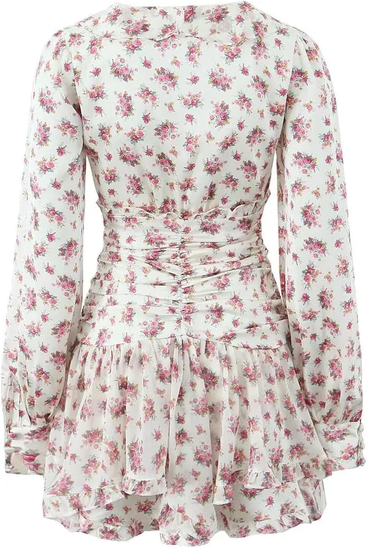 Women Floral Print Puff Sleeve Asymmetrical Mini Dress with Open Buttons and Ruffle Hem
