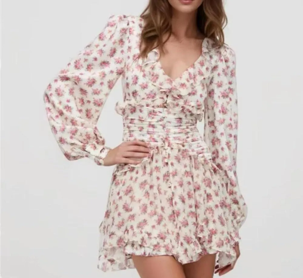 Women Floral Print Puff Sleeve Asymmetrical Mini Dress with Open Buttons and Ruffle Hem
