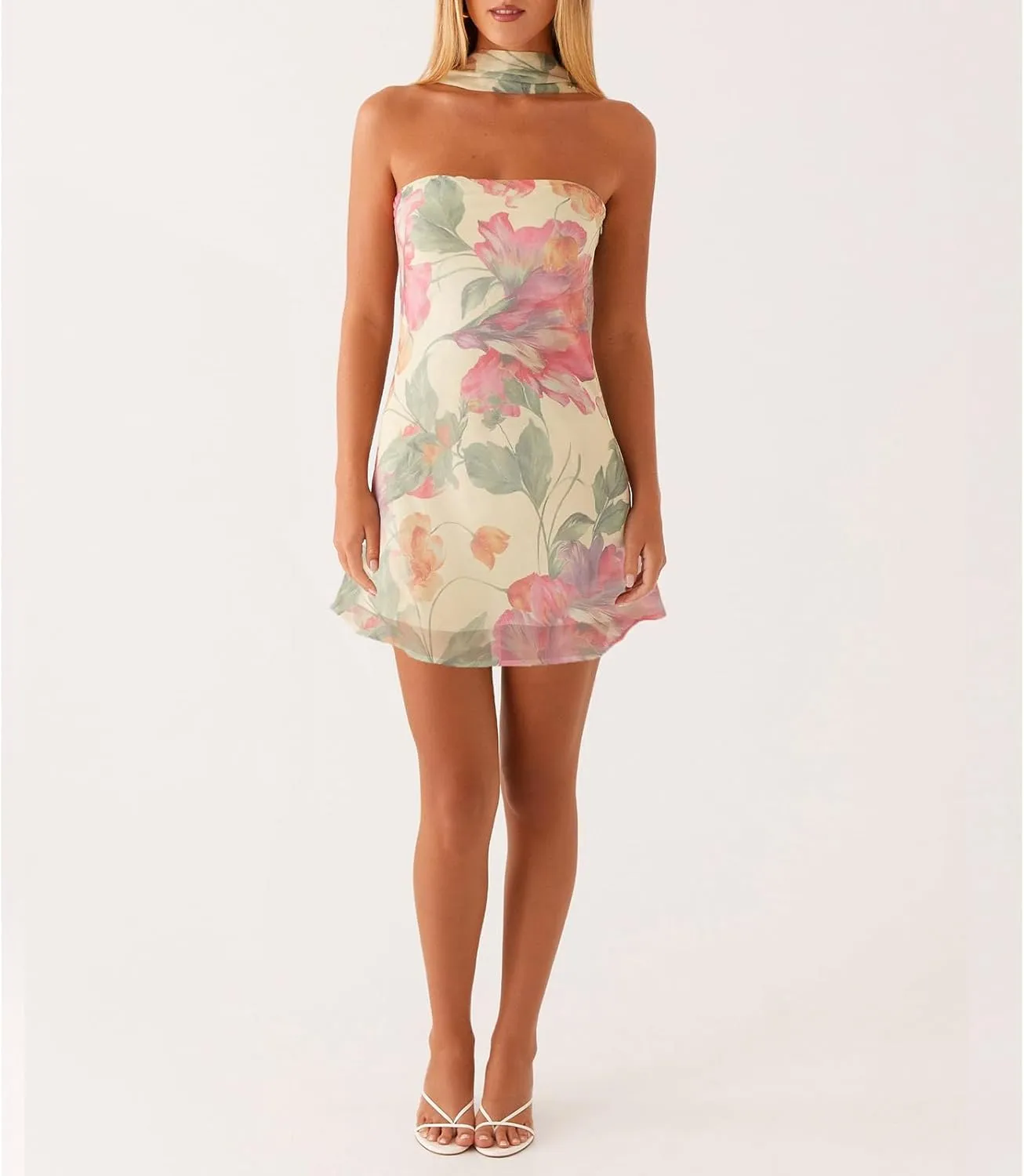 Women Floral Tube Strapless Mini Dress Y2k Cute with Scarf Short Dresses Bodycon Backless Beach Formal Sundress