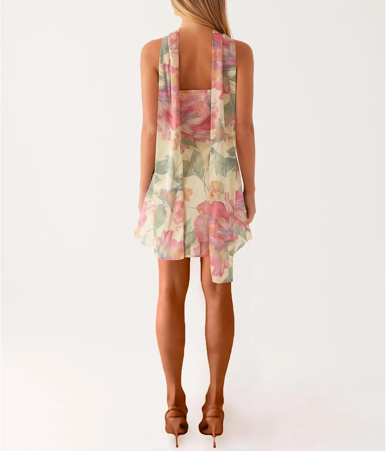 Women Floral Tube Strapless Mini Dress Y2k Cute with Scarf Short Dresses Bodycon Backless Beach Formal Sundress