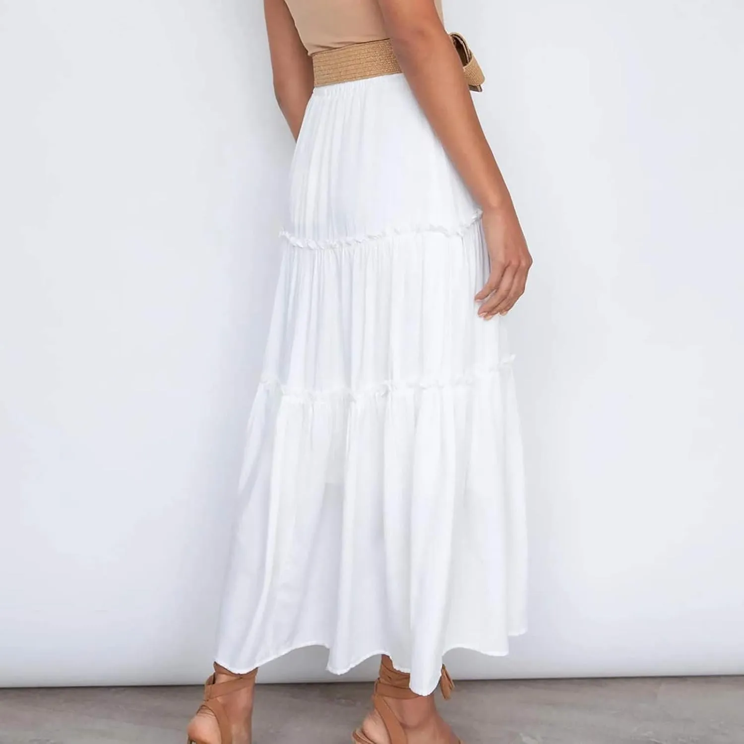 Women High Waisted Maxi Skirt A-Line Pleated Midi Length Flowy Casual Long Skirts Business Work Skirts with Pockets