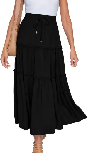 Women High Waisted Maxi Skirt A-Line Pleated Midi Length Flowy Casual Long Skirts Business Work Skirts with Pockets