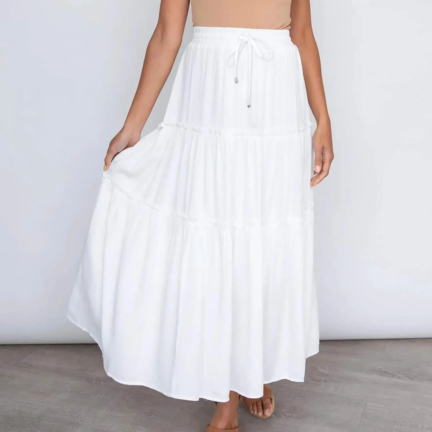 Women High Waisted Maxi Skirt A-Line Pleated Midi Length Flowy Casual Long Skirts Business Work Skirts with Pockets