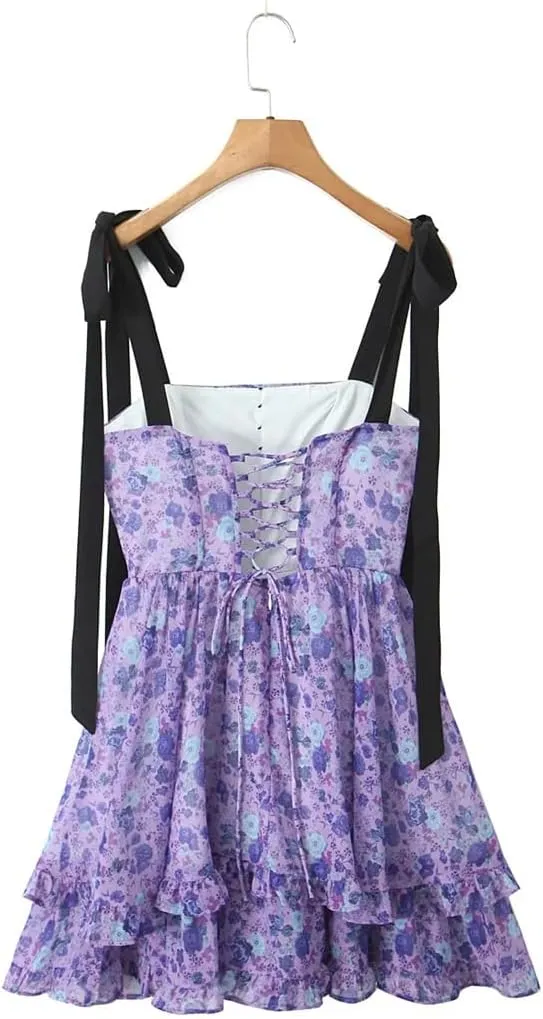 Women Lacing Up Back Backless Print Mini Dress Bow Ruffle 2 Layers Hem Holiday Robe