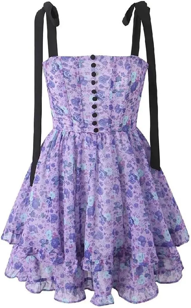 Women Lacing Up Back Backless Print Mini Dress Bow Ruffle 2 Layers Hem Holiday Robe