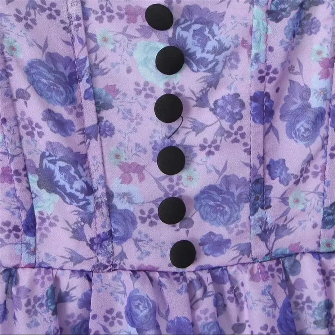 Women Lacing Up Back Backless Print Mini Dress Bow Ruffle 2 Layers Hem Holiday Robe