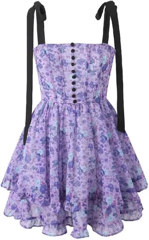 Women Lacing Up Back Backless Print Mini Dress Bow Ruffle 2 Layers Hem Holiday Robe