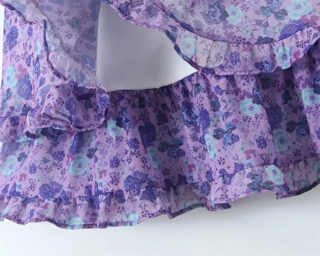 Women Lacing Up Back Backless Print Mini Dress Bow Ruffle 2 Layers Hem Holiday Robe