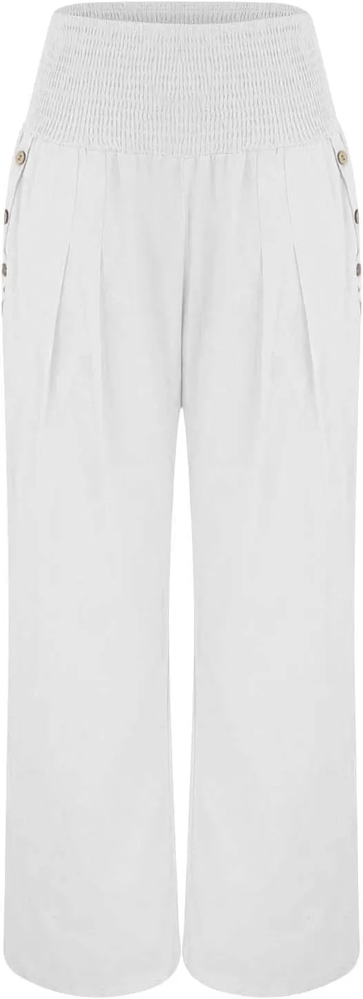 Women Linen Pants 2025 Summer Casual Loose Wide Leg Palazzo Pants Smocked High Waist Flowy Beach Trousers