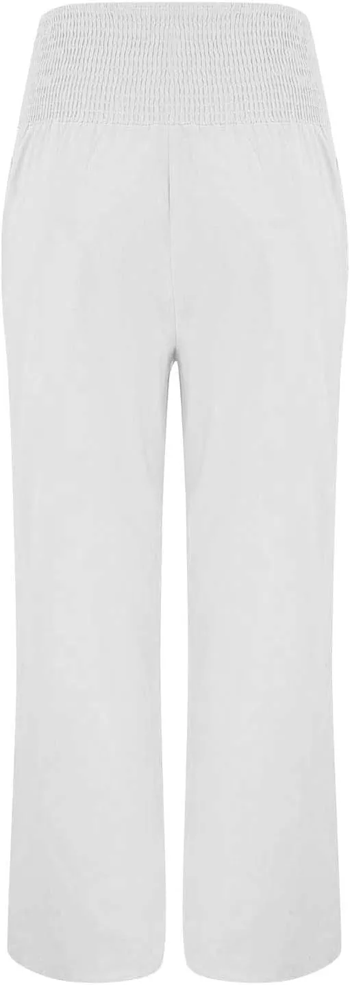 Women Linen Pants 2025 Summer Casual Loose Wide Leg Palazzo Pants Smocked High Waist Flowy Beach Trousers