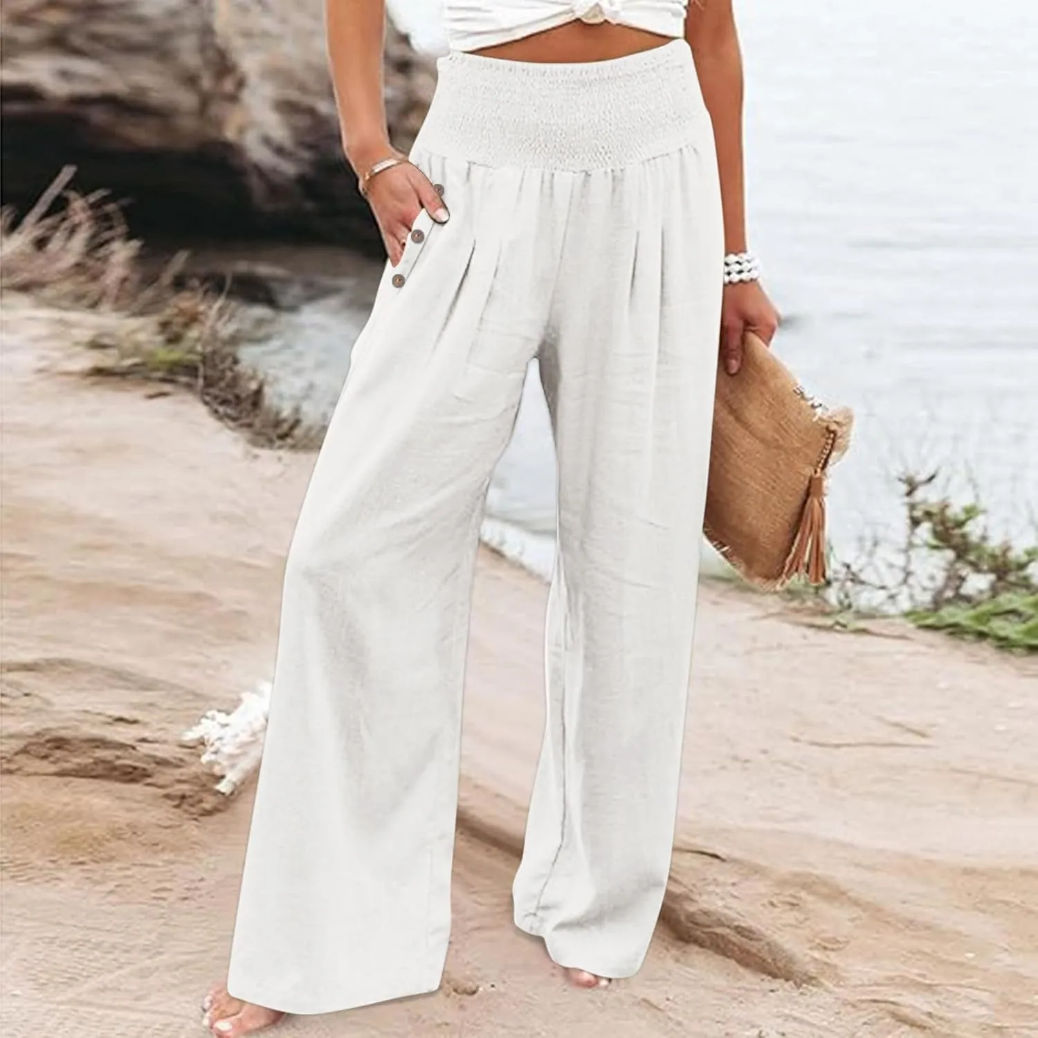 Women Linen Pants 2025 Summer Casual Loose Wide Leg Palazzo Pants Smocked High Waist Flowy Beach Trousers
