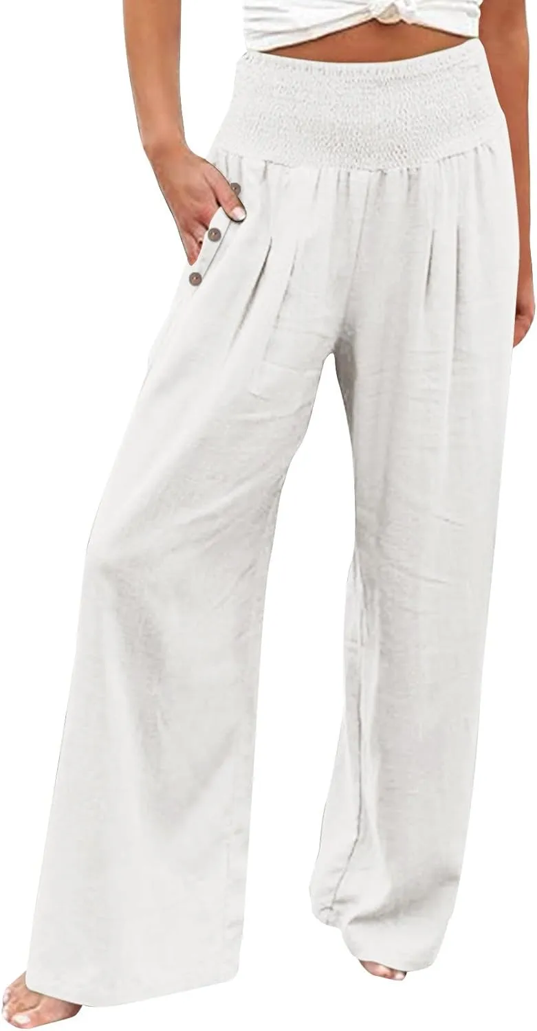 Women Linen Pants 2025 Summer Casual Loose Wide Leg Palazzo Pants Smocked High Waist Flowy Beach Trousers