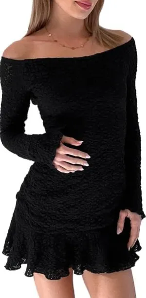 Women Long Sleeve Lace Mini Dress Off The Shoulder Floral Dress Sexy Ruffle Cocktail Dress High Waist Solid Tunic Dress