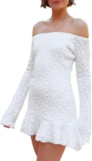 Women Long Sleeve Lace Mini Dress Off The Shoulder Floral Dress Sexy Ruffle Cocktail Dress High Waist Solid Tunic Dress