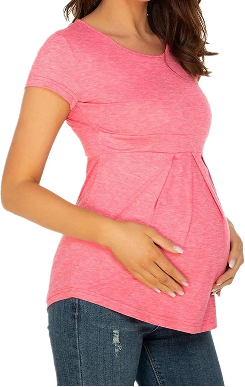 Women Maternity Shirts Short Sleeve Pregnant Tops Pleated Pregnancy Tshirts Casual Crewenck Tees Comfy Soft T Shirt