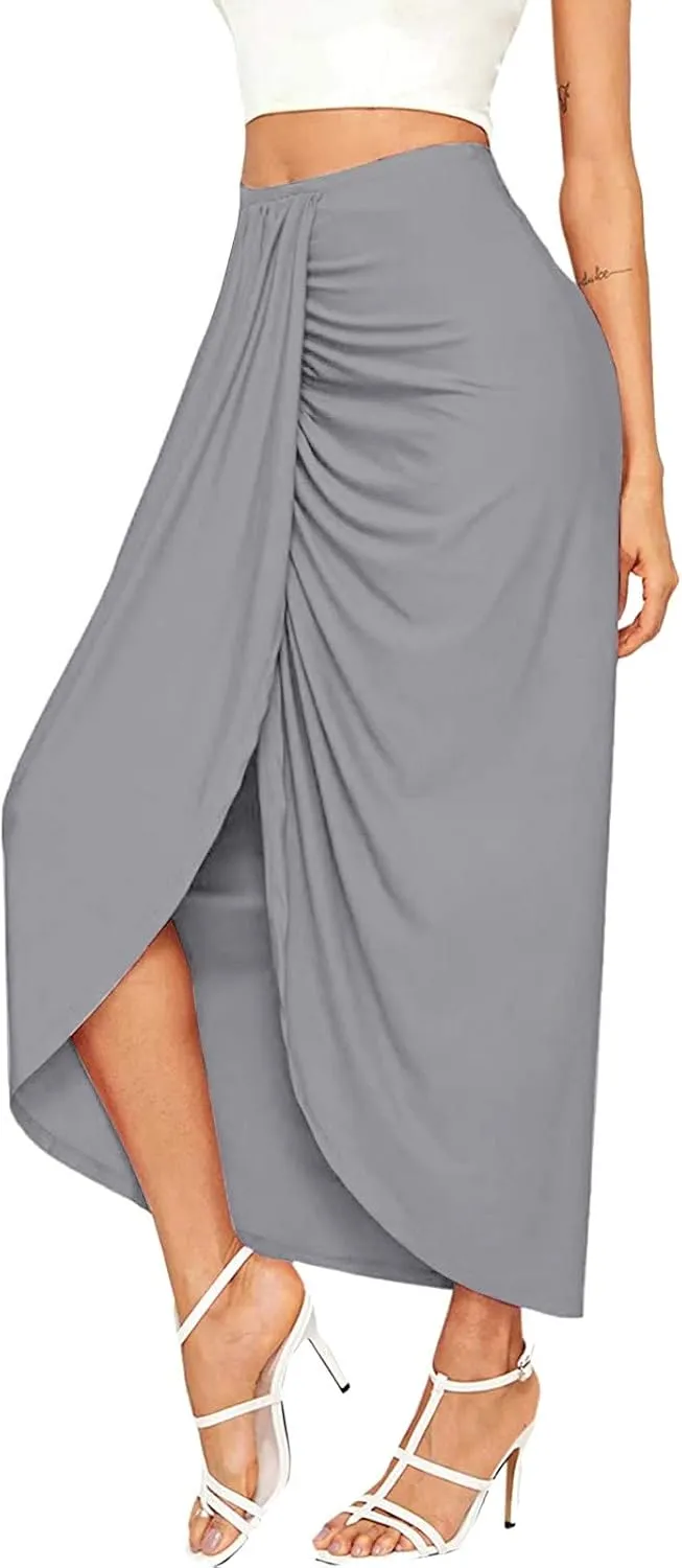 Women Maxi Long Skirt Beach Skirt Maxi Solid Draped Slit High Elastic Women's Casual Skirt Wrap Tennis Skirt