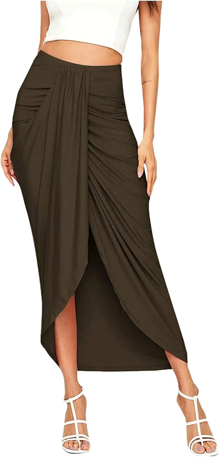Women Maxi Long Skirt Beach Skirt Maxi Solid Draped Slit High Elastic Women's Casual Skirt Wrap Tennis Skirt
