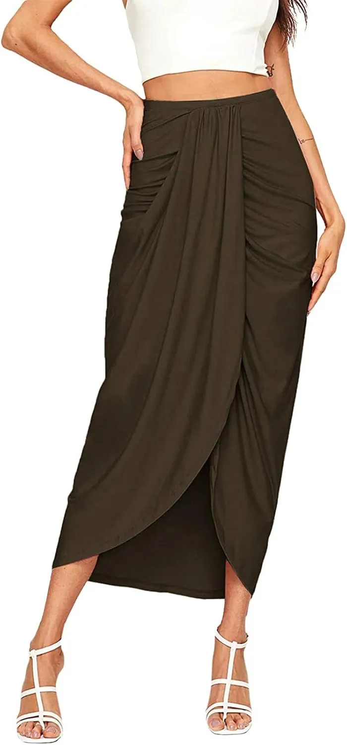 Women Maxi Long Skirt Beach Skirt Maxi Solid Draped Slit High Elastic Women's Casual Skirt Wrap Tennis Skirt