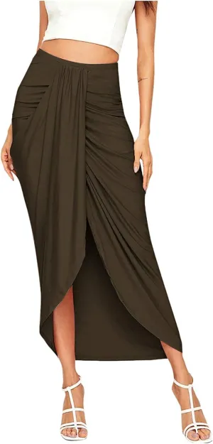 Women Maxi Long Skirt Beach Skirt Maxi Solid Draped Slit High Elastic Women's Casual Skirt Wrap Tennis Skirt