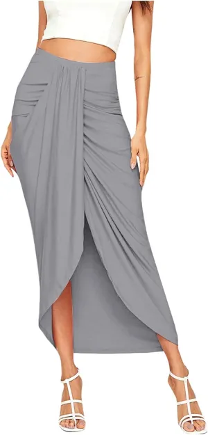 Women Maxi Long Skirt Beach Skirt Maxi Solid Draped Slit High Elastic Women's Casual Skirt Wrap Tennis Skirt