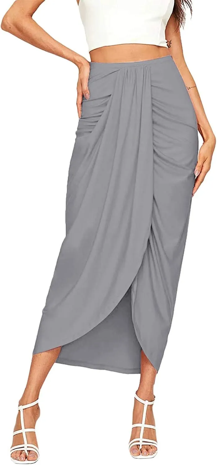 Women Maxi Long Skirt Beach Skirt Maxi Solid Draped Slit High Elastic Women's Casual Skirt Wrap Tennis Skirt