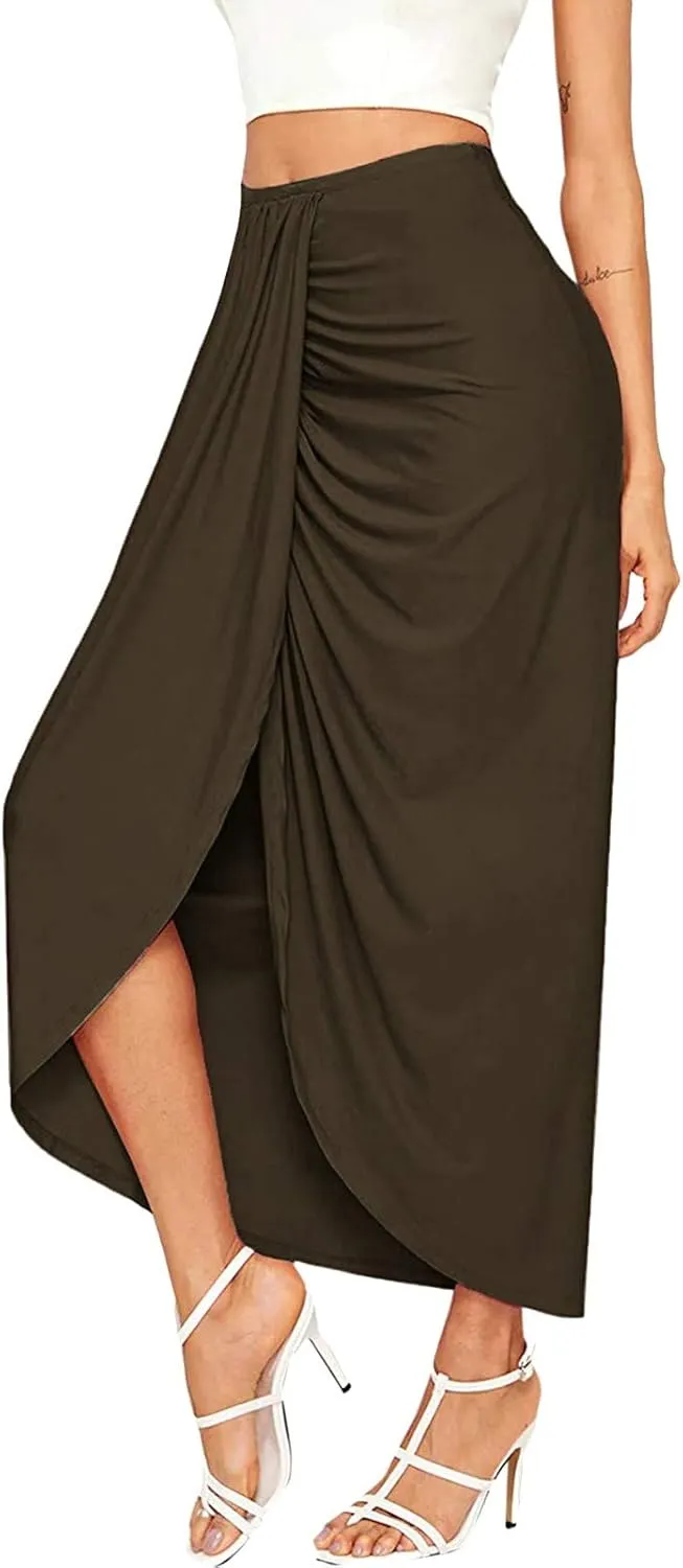 Women Maxi Long Skirt Beach Skirt Maxi Solid Draped Slit High Elastic Women's Casual Skirt Wrap Tennis Skirt