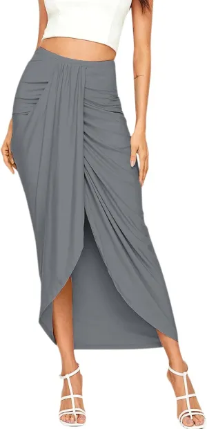 Women Maxi Long Skirt Beach Skirt Maxi Solid Draped Slit High Elastic Women's Casual Skirt Wrap Tennis Skirt