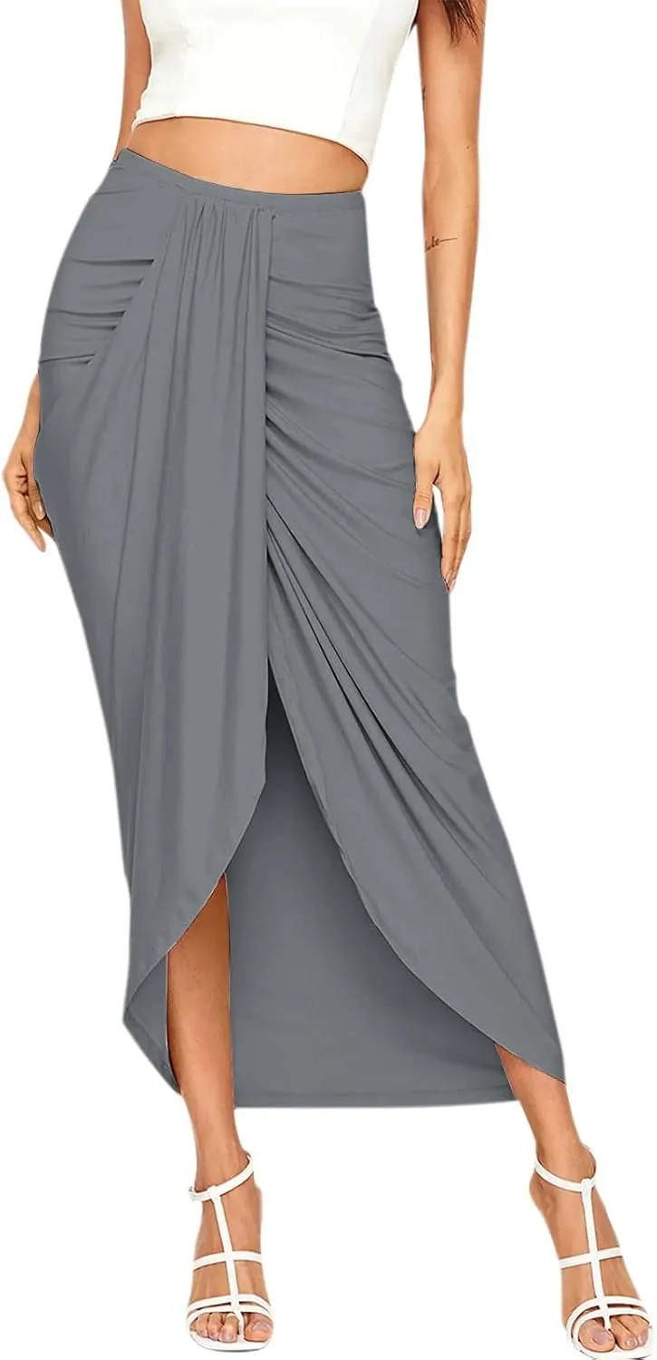 Women Maxi Long Skirt Beach Skirt Maxi Solid Draped Slit High Elastic Women's Casual Skirt Wrap Tennis Skirt