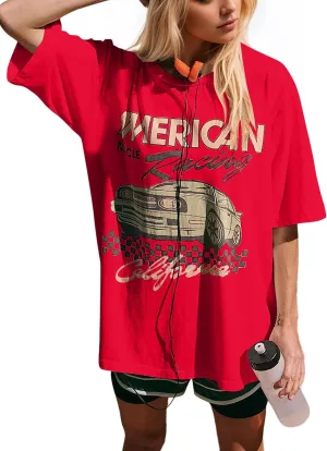 Women Oversized Racing Car Graphic Print T-Shirt Short Sleeve Drop Shoulder Vintage Graphics Tee Shirt Tops