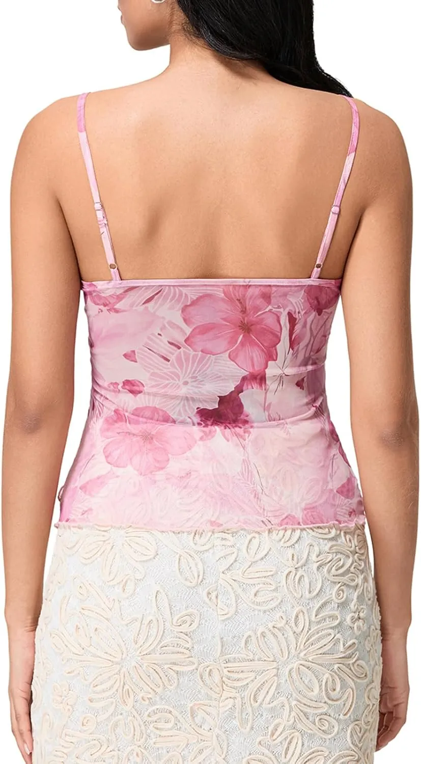 Women Sleeveless V Neck Floral Tank Tops Ruffled Layered Strappy Going Out Tops Camisole Sexy Slim Fit Cami Shirt