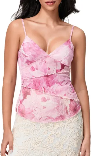 Women Sleeveless V Neck Floral Tank Tops Ruffled Layered Strappy Going Out Tops Camisole Sexy Slim Fit Cami Shirt