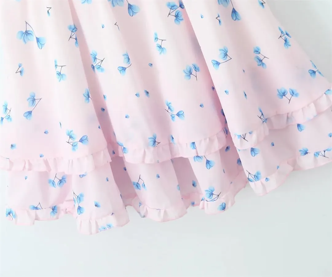 Women Slit V Chest Floral Sleeveless Mini Dress Chiffon Ruffle 2 Layers Hem Cake Robe
