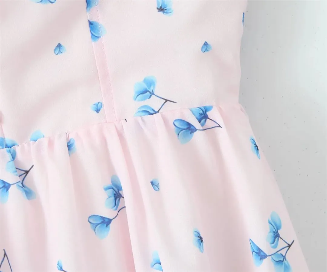 Women Slit V Chest Floral Sleeveless Mini Dress Chiffon Ruffle 2 Layers Hem Cake Robe
