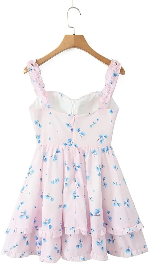 Women Slit V Chest Floral Sleeveless Mini Dress Chiffon Ruffle 2 Layers Hem Cake Robe