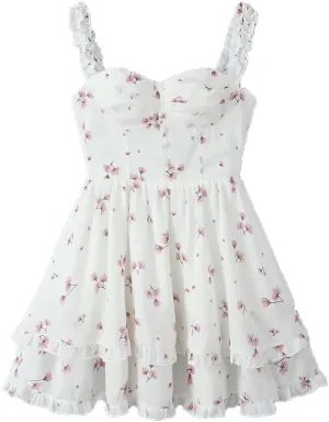 Women Slit V Chest Floral Sleeveless Mini Dress Chiffon Ruffle 2 Layers Hem Cake Robe