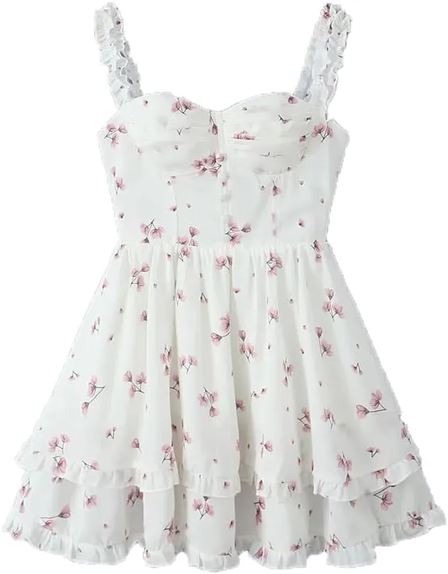 Women Slit V Chest Floral Sleeveless Mini Dress Chiffon Ruffle 2 Layers Hem Cake Robe
