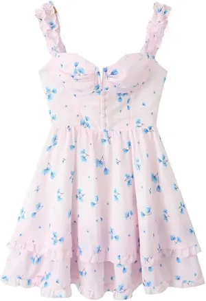 Women Slit V Chest Floral Sleeveless Mini Dress Chiffon Ruffle 2 Layers Hem Cake Robe