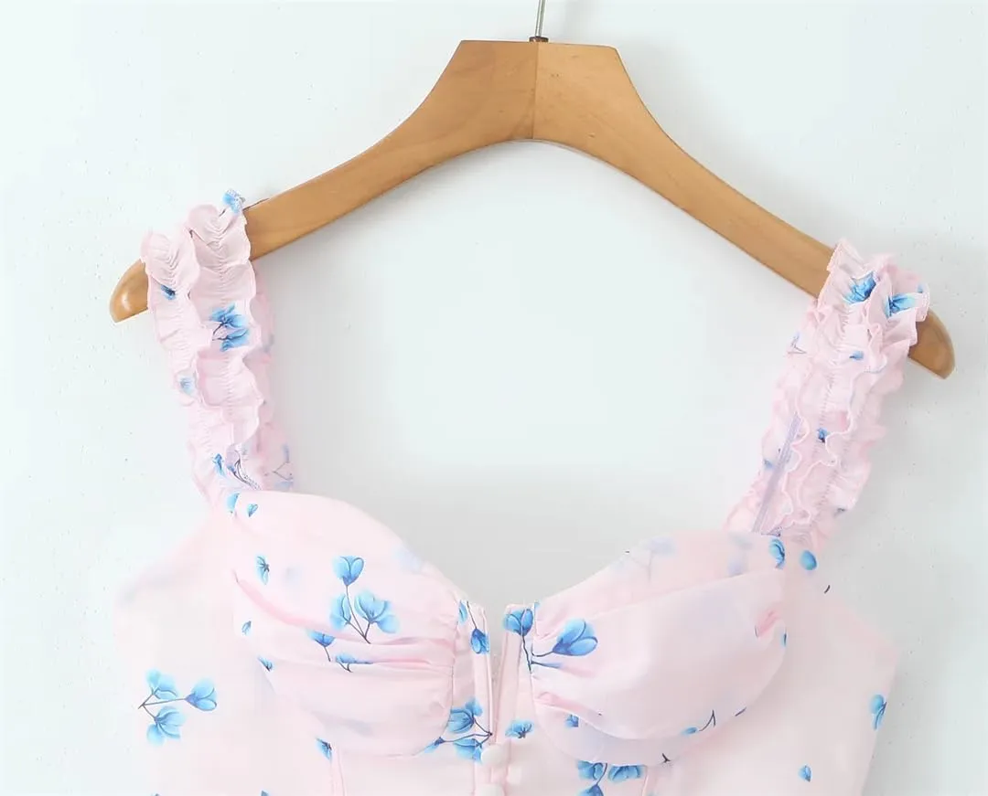 Women Slit V Chest Floral Sleeveless Mini Dress Chiffon Ruffle 2 Layers Hem Cake Robe